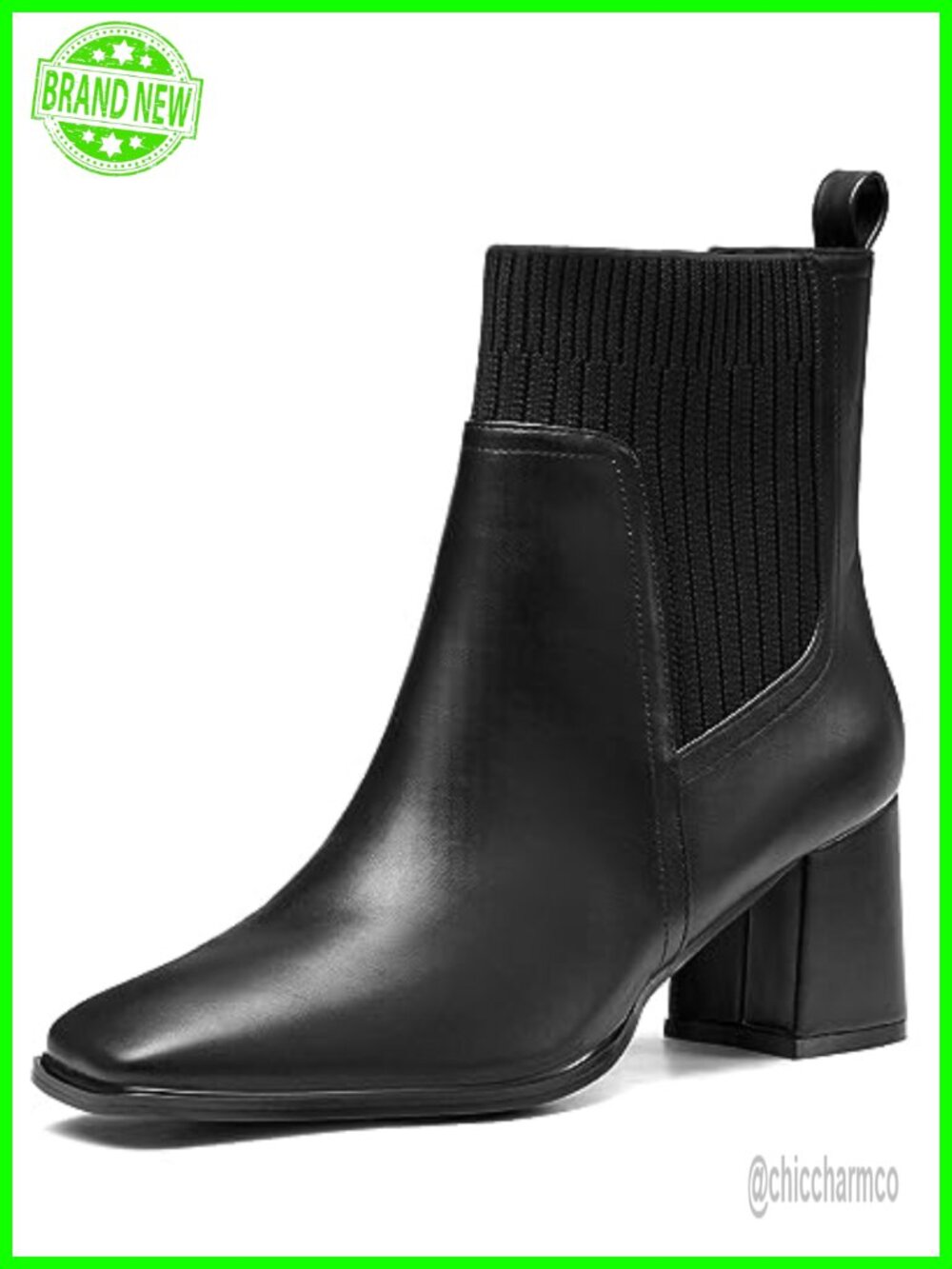 Coutgo Women's Slip On Ankle Boots Chunky Block Heel Square Toe Splicing Dress
